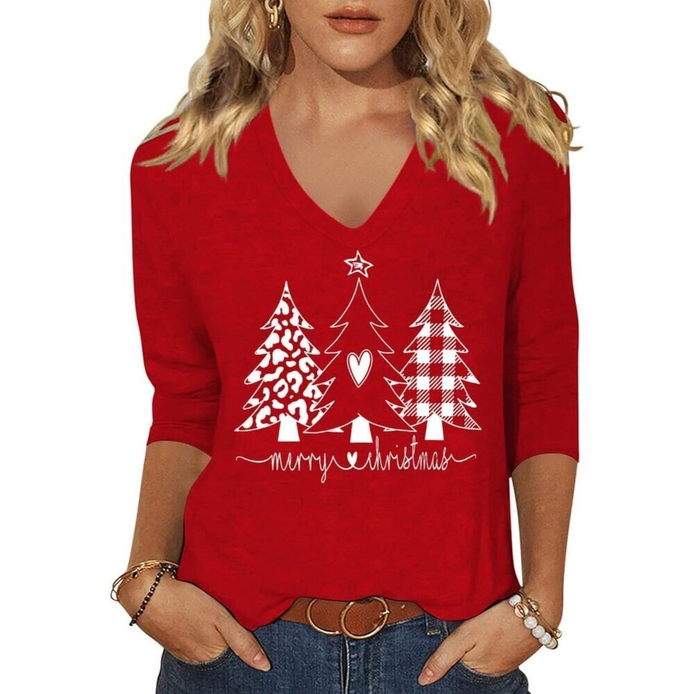 Women's Fall Shirts Halloween V Neck 3/4 Length Sleeve Pumpkin T-Shirts Red